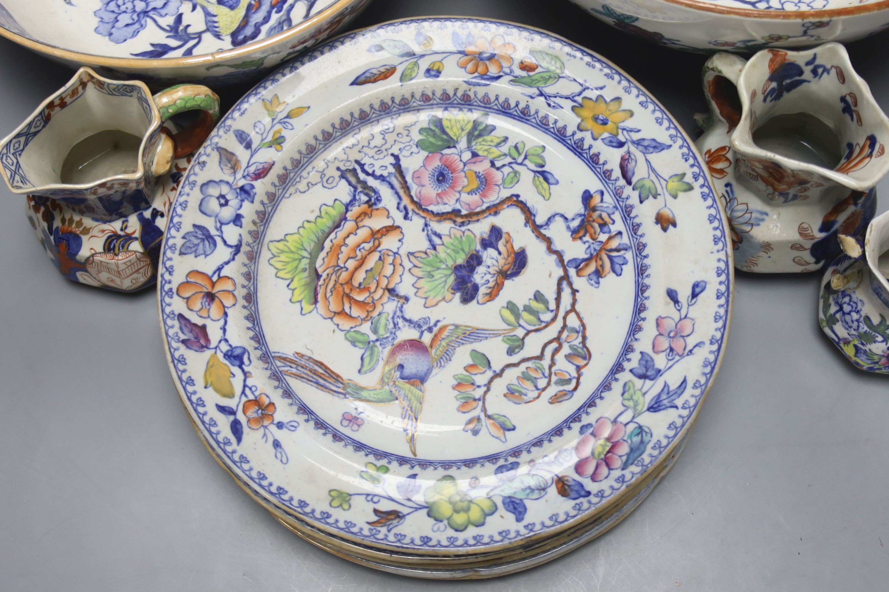 A group of 19th century ironstone ceramics to include Masons plates, Hydra jugs, two bowls, largest 29.5cm and another jug